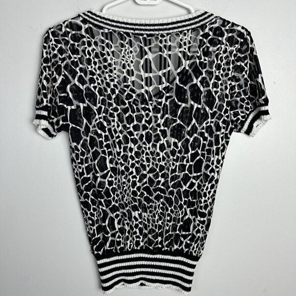90s Y2K Black White VNeck Elastic Top Semi-sheer Sequin Animal Print Whimsy Goth - Picture 8 of 10